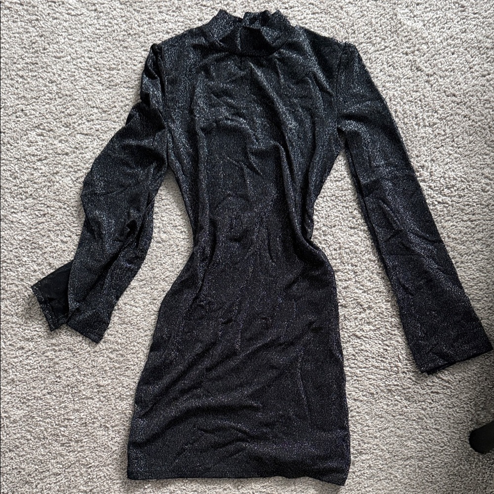 Elegant Black Glimmer Turtleneck Slit Sleeve Dress